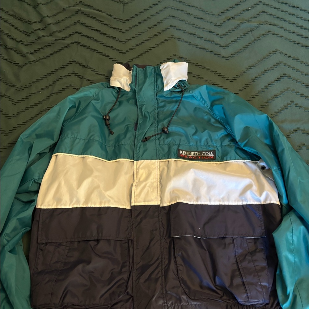 Vintage Kenneth Cole Men's Teal, White, and Black Windbreaker